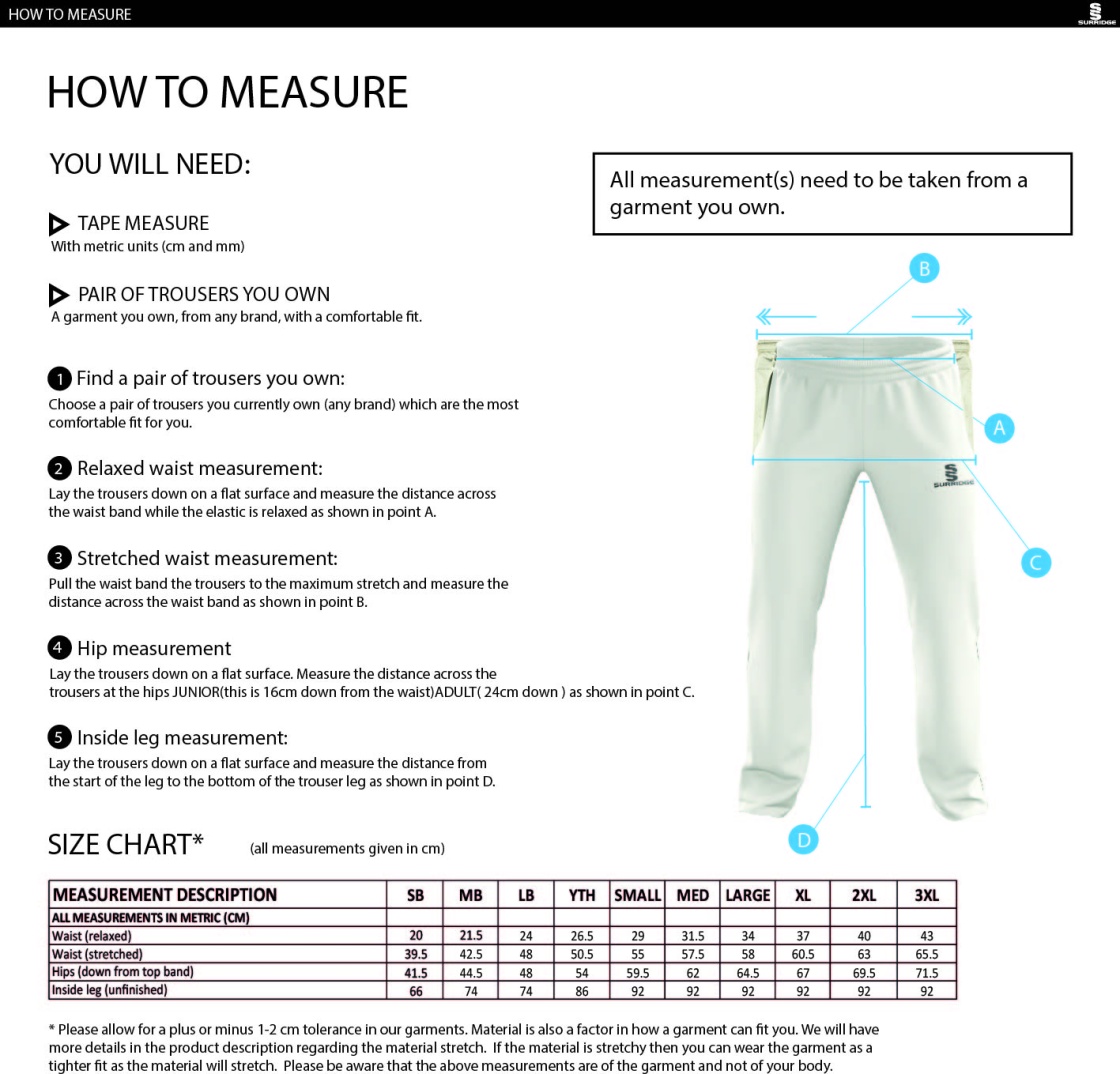 Juniors - Standard Playing Pant - Size Guide