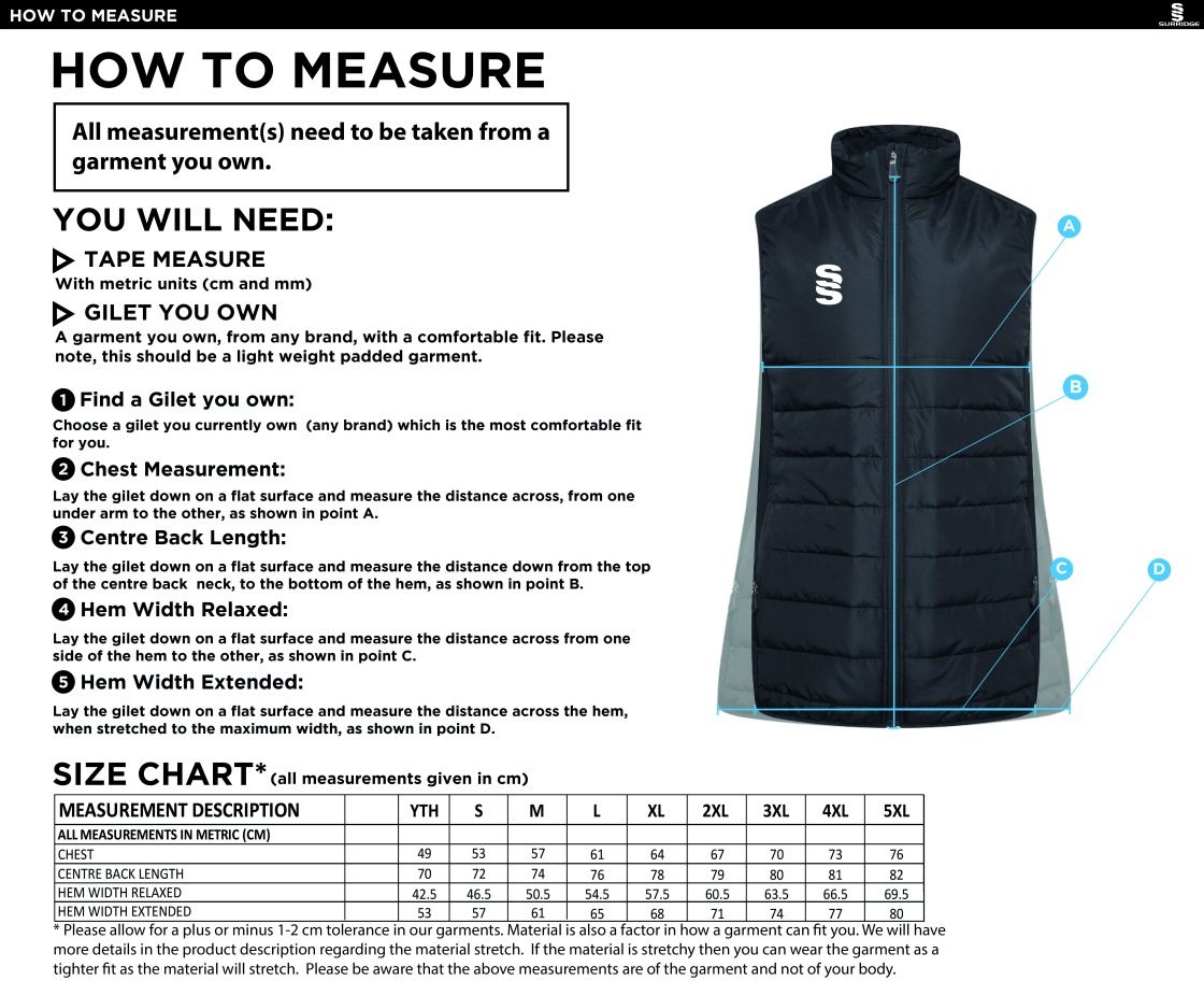 Juniors - Padded Bodywarmer - Size Guide