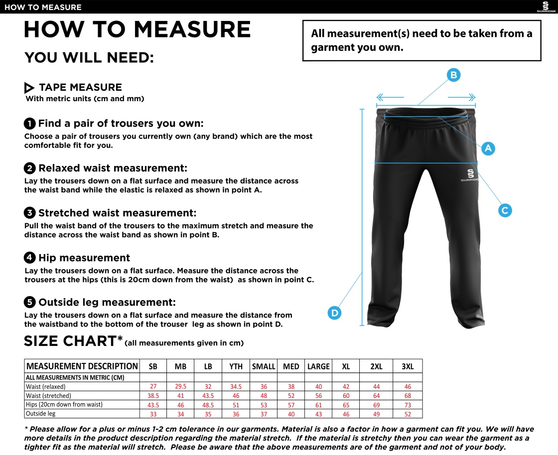 Juniors - Ripstop Track Pant - Size Guide