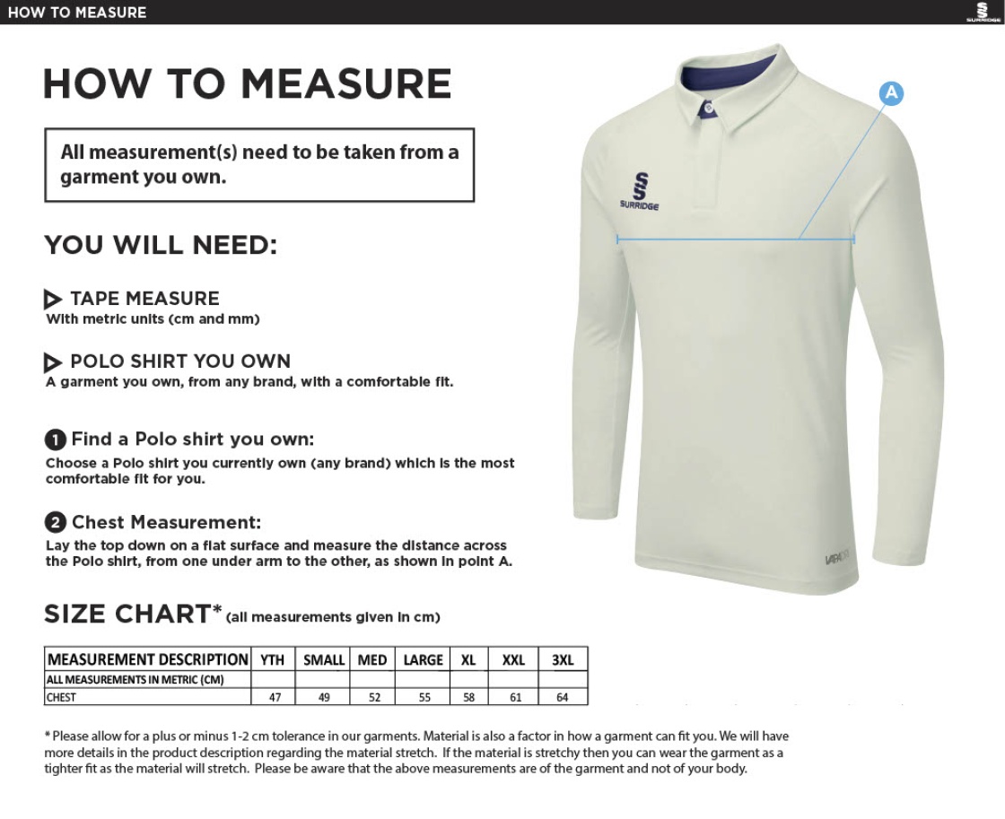 Men's - Dual Cricket Shirt Long Sleeve - Size Guide