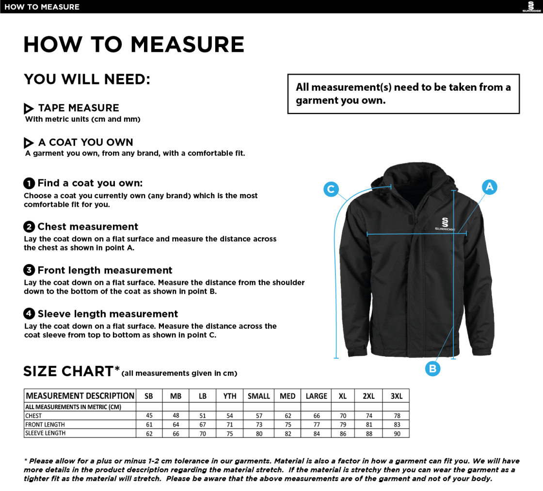 Juniors - Dual Fleece Lined Jacket - Unisex Fit - Size Guide