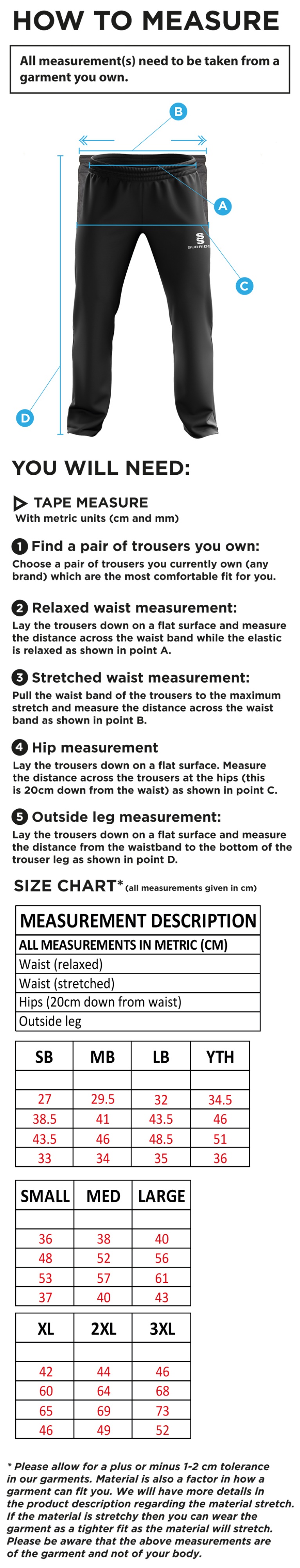 Juniors - Ripstop Track Pant - Size Guide